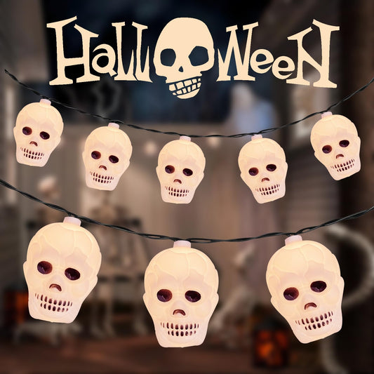 Skull String Lights - 8.5Ft Plug in String Lights Outdoor with 10 White Skeleton for Indoor/Outdoor Halloween Decoration, Hanging Ghost Head Lights for Party Patio Garden