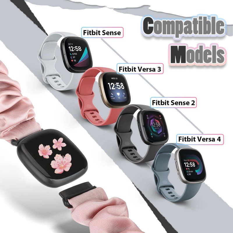 Acortjl 10 PCS Compatible with Fitbit Versa 4/Sense 2/Versa 3/Sense Scrunchie Band, Soft Cute Pattern Printed Fabric Elastic Solo Loop Cloth Scrunchy Replacement Wristband for Women