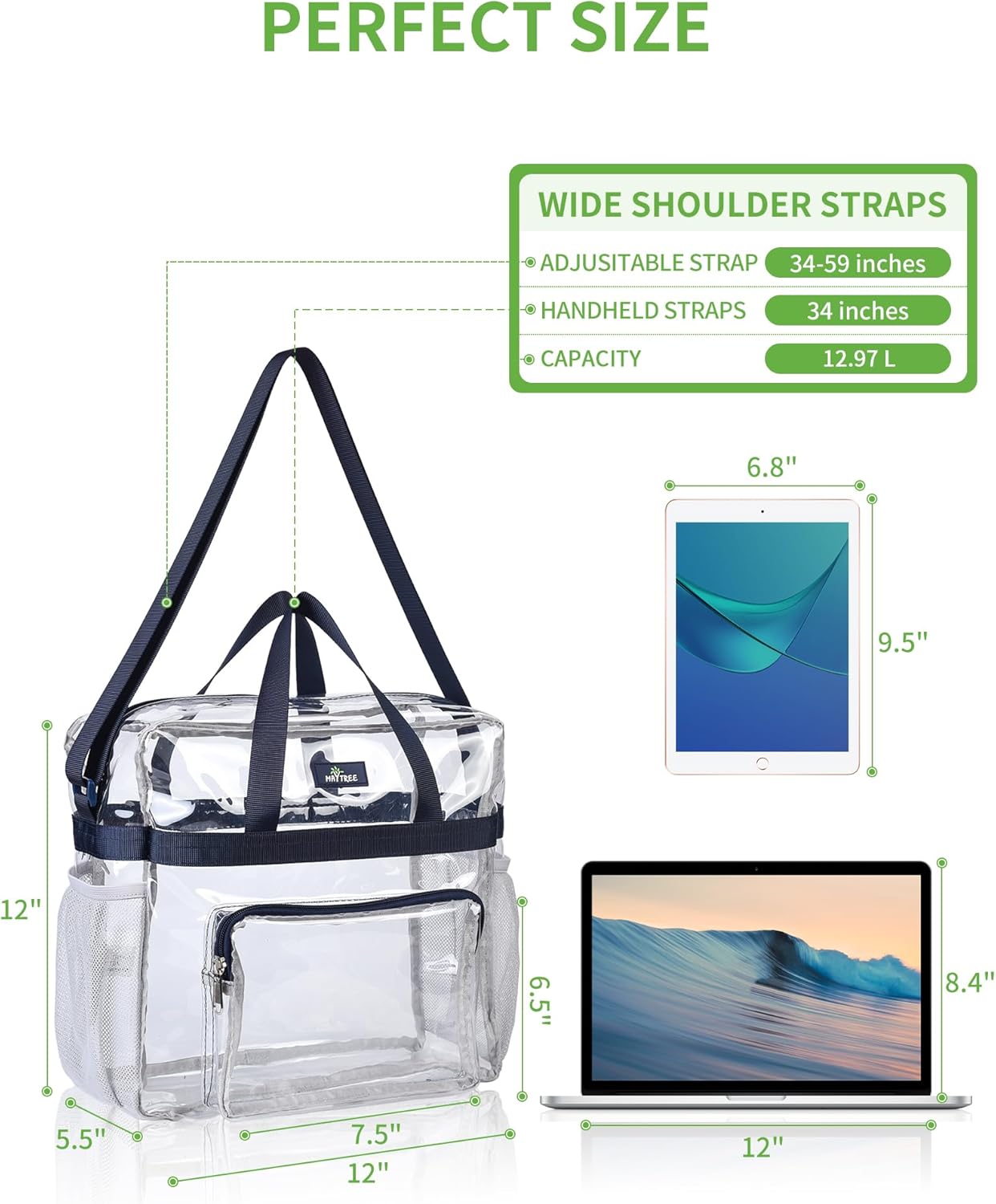 MAY TREE Clear Stadium Event Bag - 12x6x12 Clear Tote with Reinforced Straps for Work & Gym