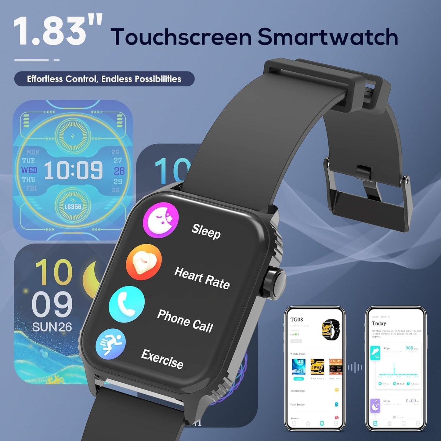 TRAUSI Smart Watch for Men - 120 Sports Modes, 1.83" HD Display, Alexa, Heart Rate Monitor | Black