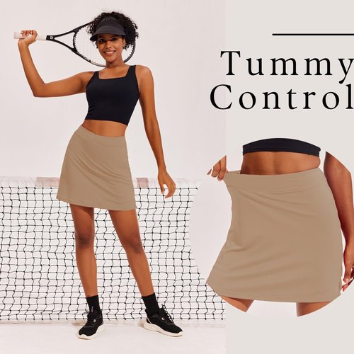 Ekouaer High Waisted Skort for Women 16 Inch Silicone Grippers Golf Skirts for Woman Workout Skirt Tennis Skirt,Khaki Medium