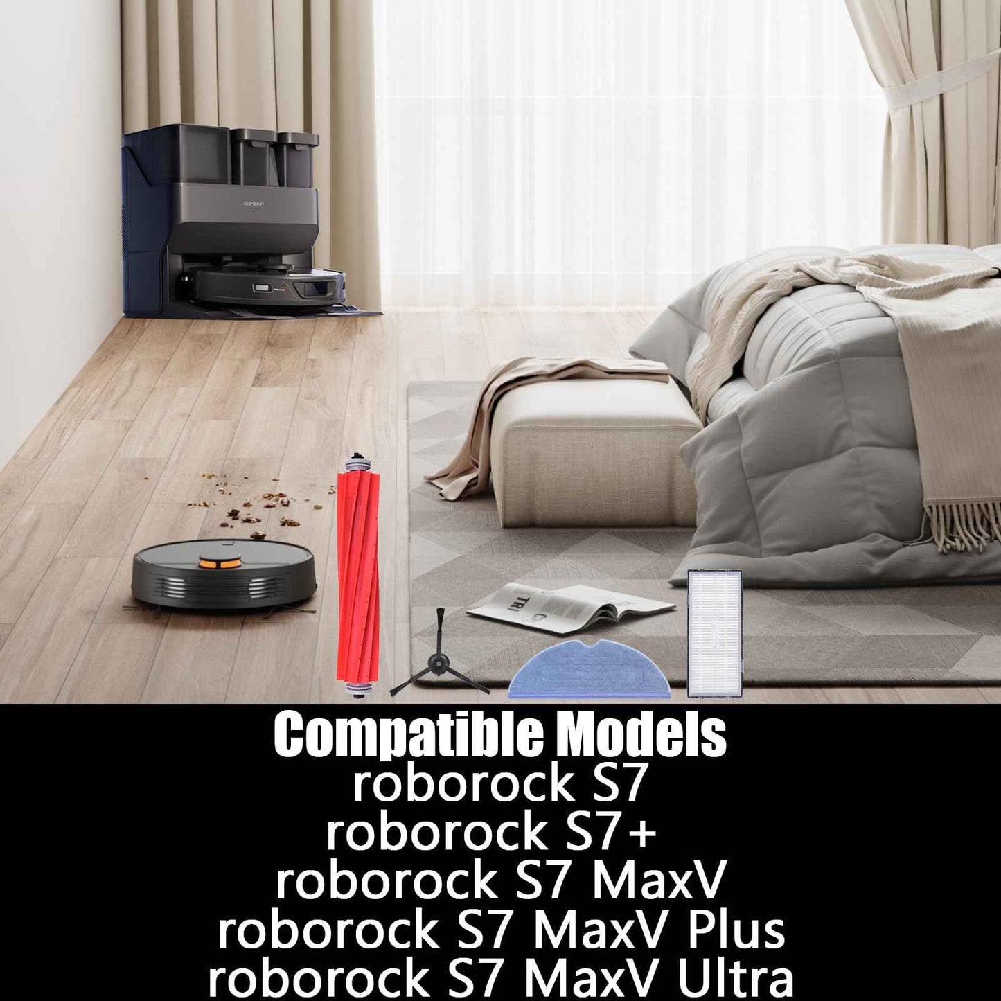 Pmosata S7 Replacement Parts for Roborock S7 MaxV Plus T7S Robot Vacuum - 2 Main Brushes, 4 Mop Cloths, 4 Filters, 4 Side Brushes, Red
