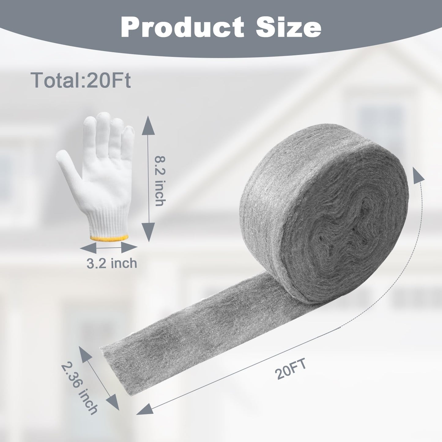 Stainless Steel Wool with Gloves, 20FT Steel Wool Fill Fabric Roll, Gap Blocker Coarse Wire Hardware Cloth DIY Kit for Holes, Wall, Garden, Kitchen, Pipeline in Garage