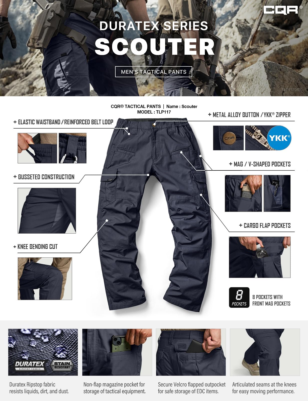 CQR Men's Tactical Pants, Water Resistant Ripstop Cargo Pants, Lightweight EDC Work Hiking Pants, Outdoor Apparel, Raider Police Navy, 40W x 32L