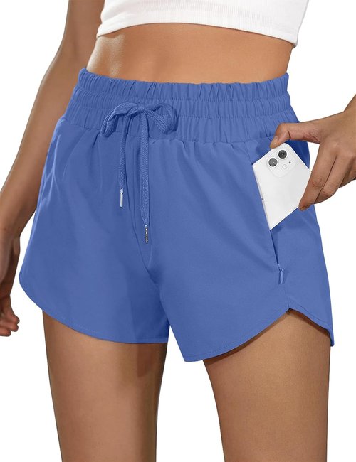 BMJL Women's Running Shorts - High Waisted Athletic Gym Shorts with Zipper Pockets | Large, Blue