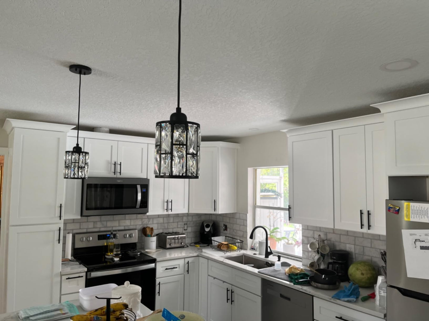 2 Pack 1 Light 5.3" Crystal Hanging Kitchen Island Pendant Light Black Finish,Concise Pendant Fixture Crystal Plate Metal Shade for Bar,Dining Room,Living Room Over Sink