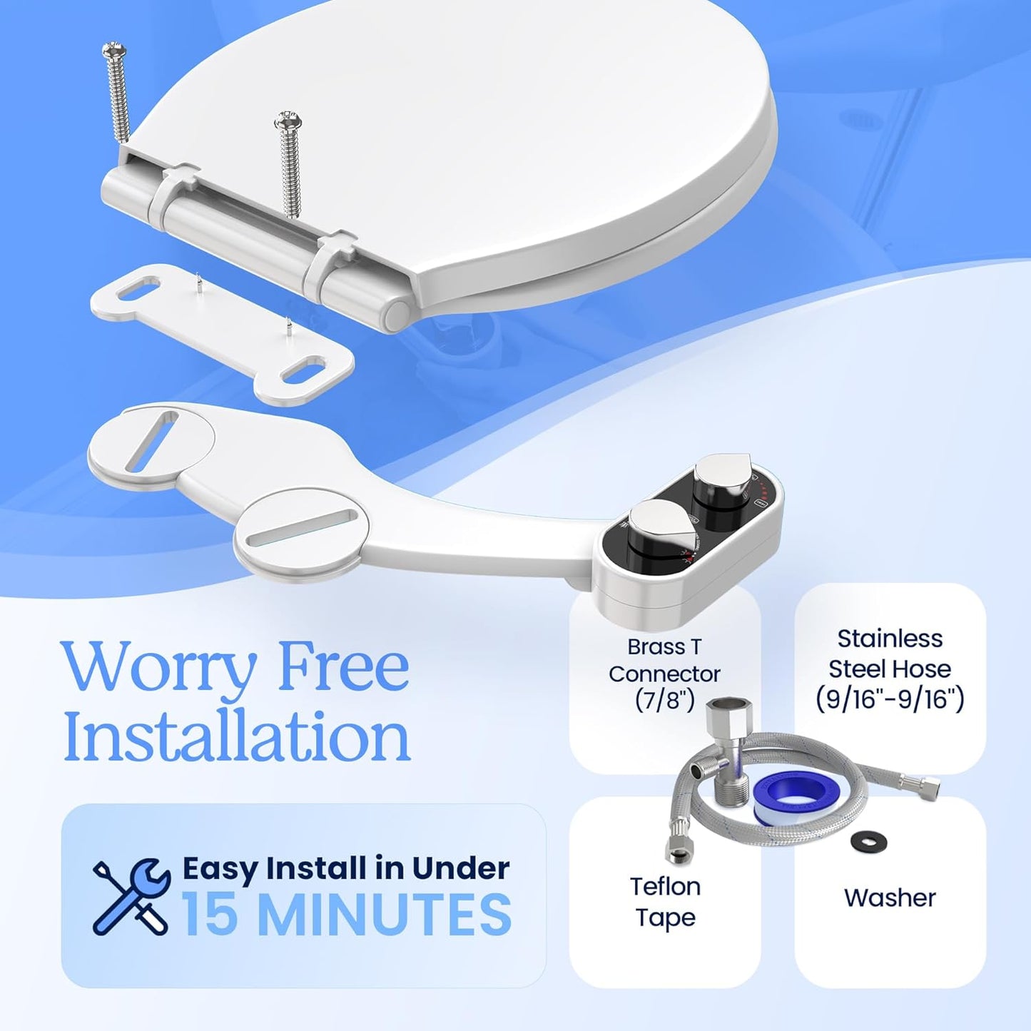 Non-Electric CLEAR REAR Bidet Attachment for Toilet - Self-Cleaning Dual Nozzle, Adjustable Pressure, White