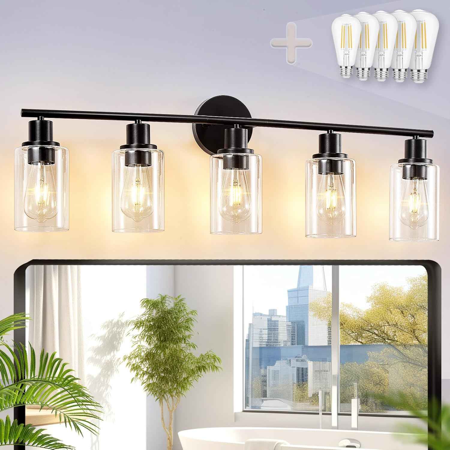 Modern Black 3-Light Bathroom Vanity Light Fixtures with Clear Glass Shades - 2 Pack