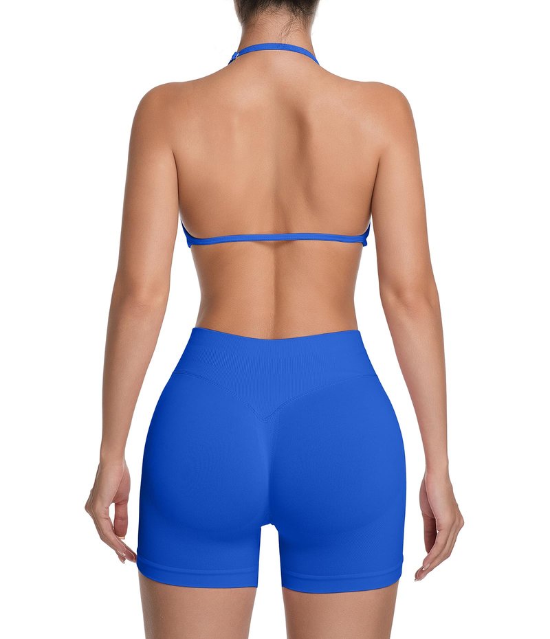 Comper 2 Piece Workout Sets for Women Halter Strappy Sports Bra with Seamless Ribbed Gym Yoga shorts Outfits