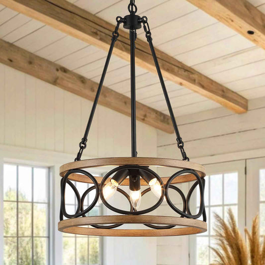 3WWWUEE 16‘’ Chandelier Farmhouse Style Black and Wood Hanging Light Fixture 3-Light Pendant Lighting with 47'' Height Adjustable Chain Dining Room, Living Room, Kitchen Island E12 Base - AJ9016P3WDBK