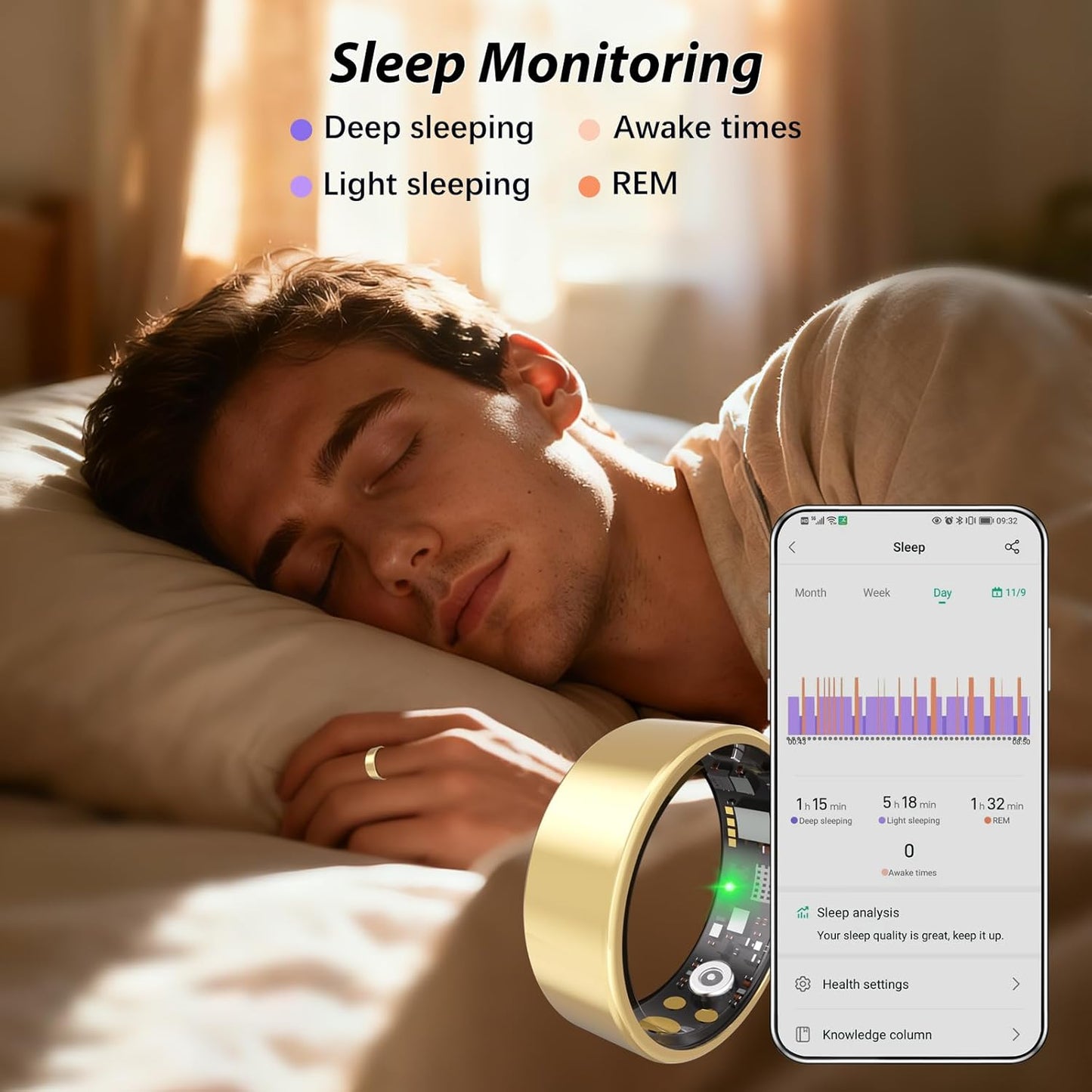 Skiennix Smart Health Ring - Fitness Tracker with Heart Rate, Blood Oxygen & Sleep Monitoring | IP68 Waterproof (Gold, Size 8)