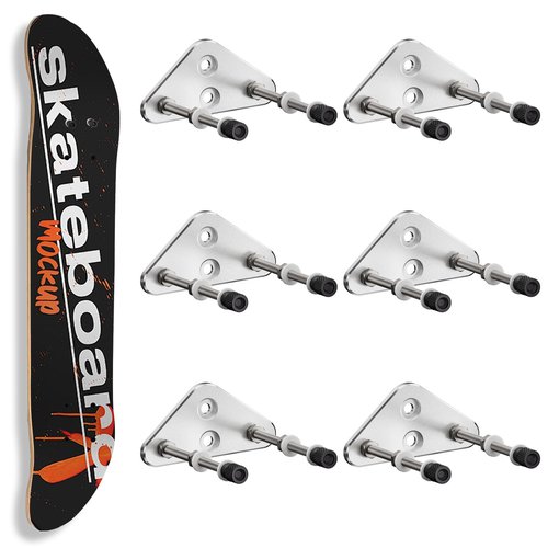 ROKENPOY 6 Packs Skateboard Wall Mount Aluminum Skateboard Hanger with Two Screw Holes for Display Skateboard Deck Storage Horizontal and Floats Vertically