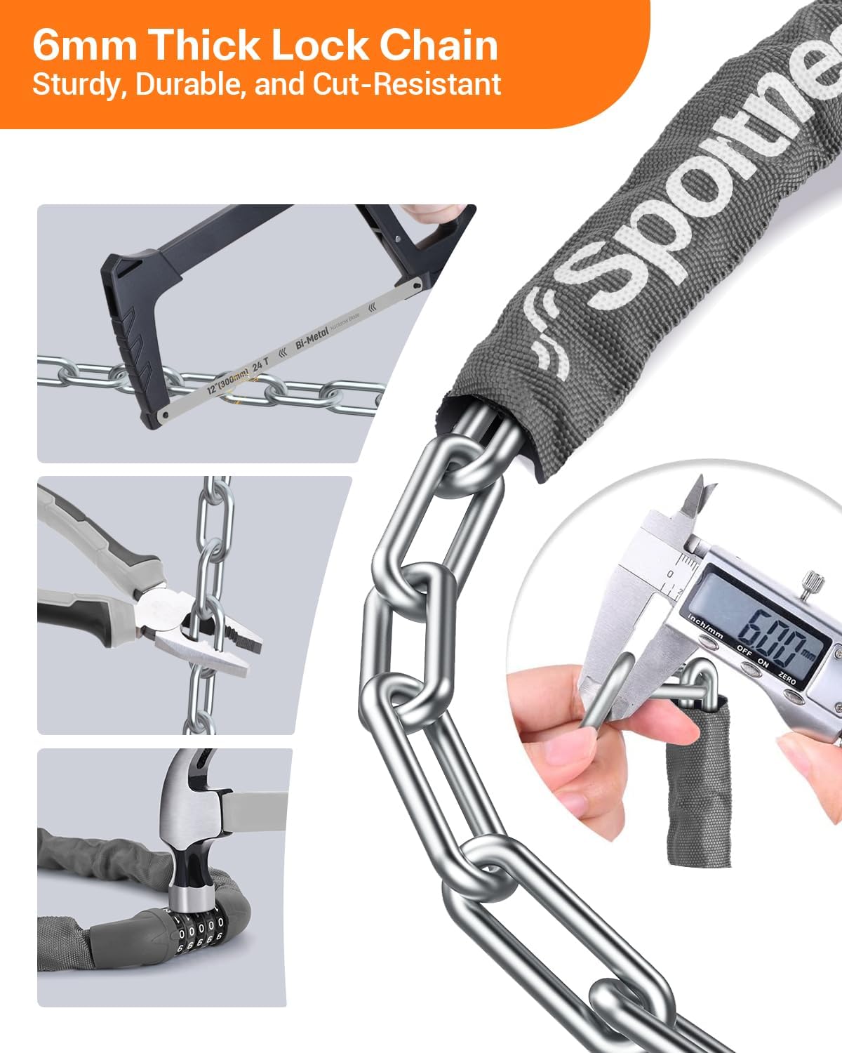 Sportneer Bike Lock - High Security 5-Digit Combination Chain Lock | Heavy Duty Keyless Design - 3.2/3.6/4ft
