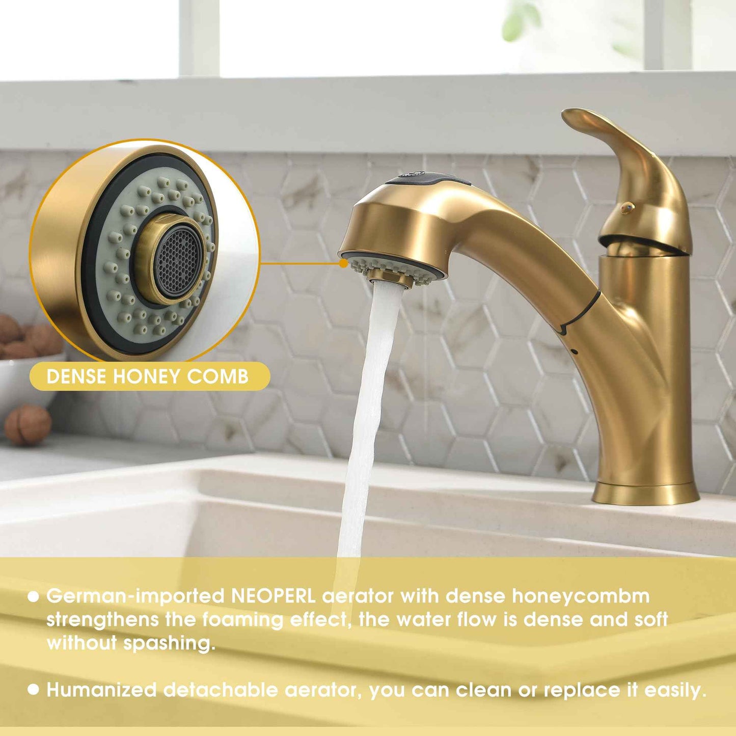 BRAVEBAR Gold Kitchen Faucet with Sprayer - Matte Brushed Gold Kitchen Sink Faucets with Pull Out Sprayer, Single Handle 1 Hole Faucet Solid Brass Commercial RV Faucets 2 Modes 150°Rotation No Lead