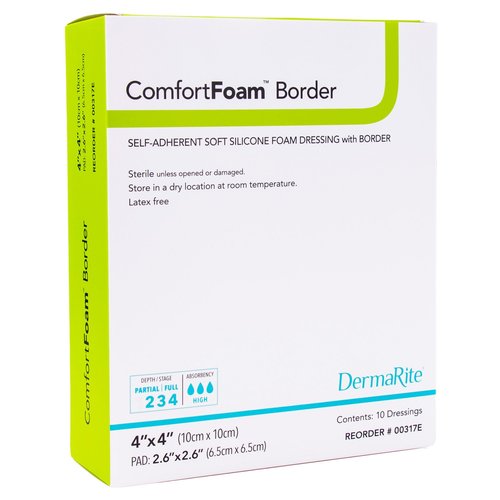 DermaRite's ComfortFoam Border, Foam Wound Dressing - Flexible and Soft Silicone, Self Adhesive, No Natural Rubber Latex - 4 in. x 4 in., 1 Count, 10 Packs, 10 Total
