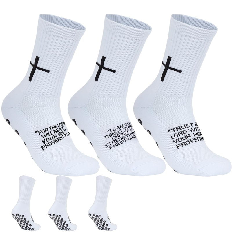 Meudid 3 Pairs Cross Grip Soccer Socks for US 6-13 - Anti-Slip Christian Socks with Bible Verse, Jesus Sports Sock for Football Training White