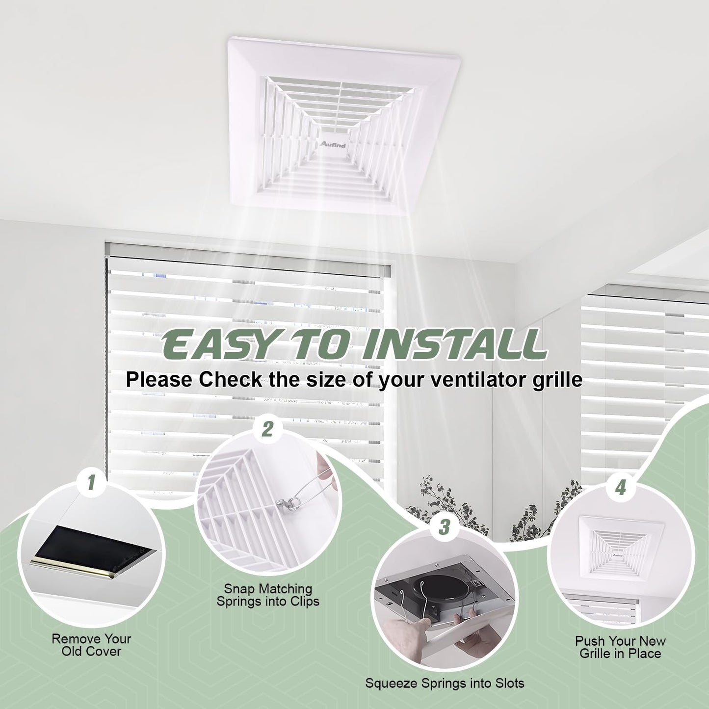 Aufind 11"x11" Bathroom Exhaust Fan Cover with Spring - Heavy Duty Plastic Ventilation Grille, Easy Install Spring-Loaded Design for Ceiling or Wall Mounted Fans