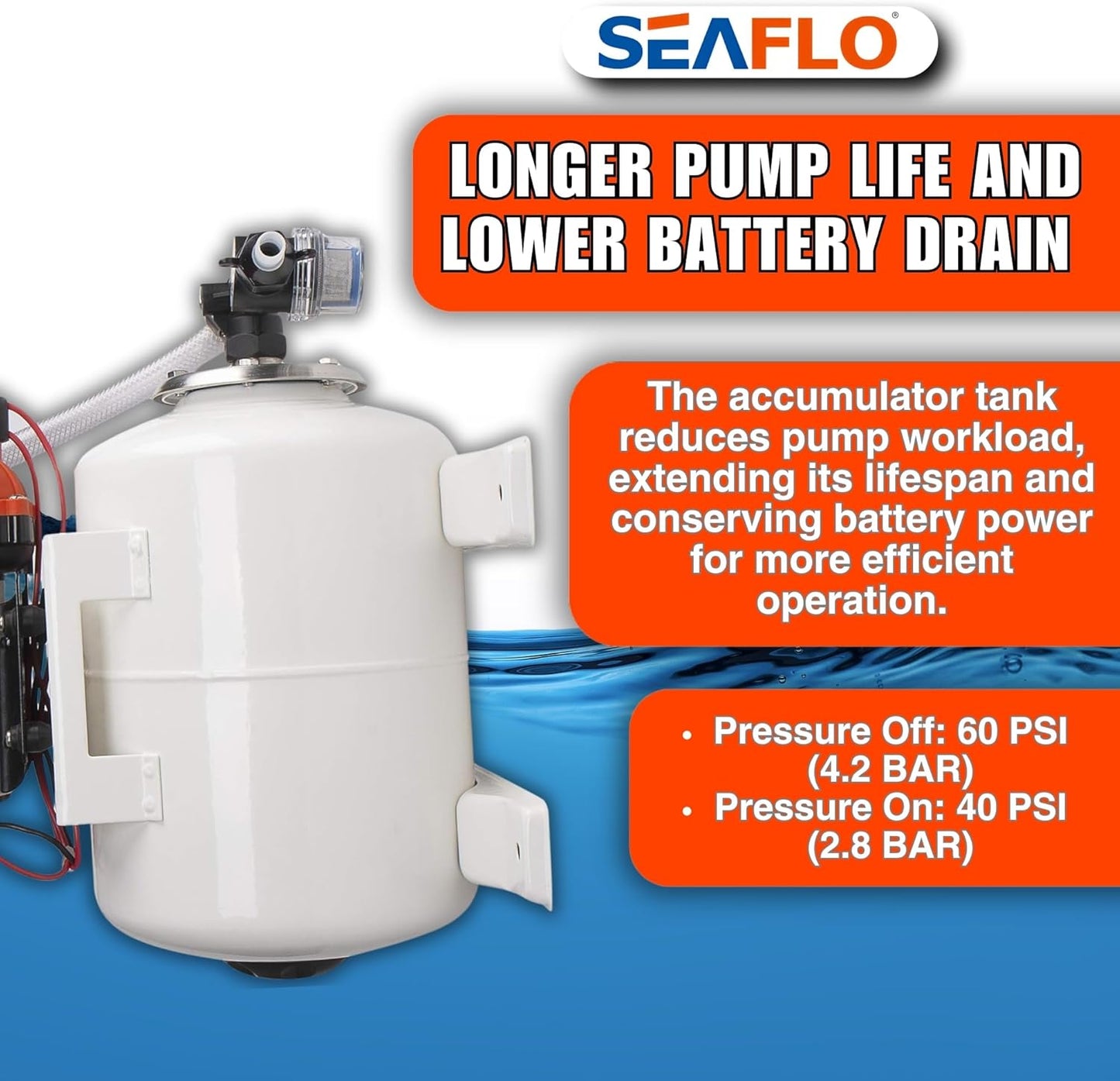 SEAFLO Marine Water Pump - 12V DC 60 PSI 5.5 GPM with 2 Gallon Accumulator Tank System | Quiet Operation & 4-Year Warranty