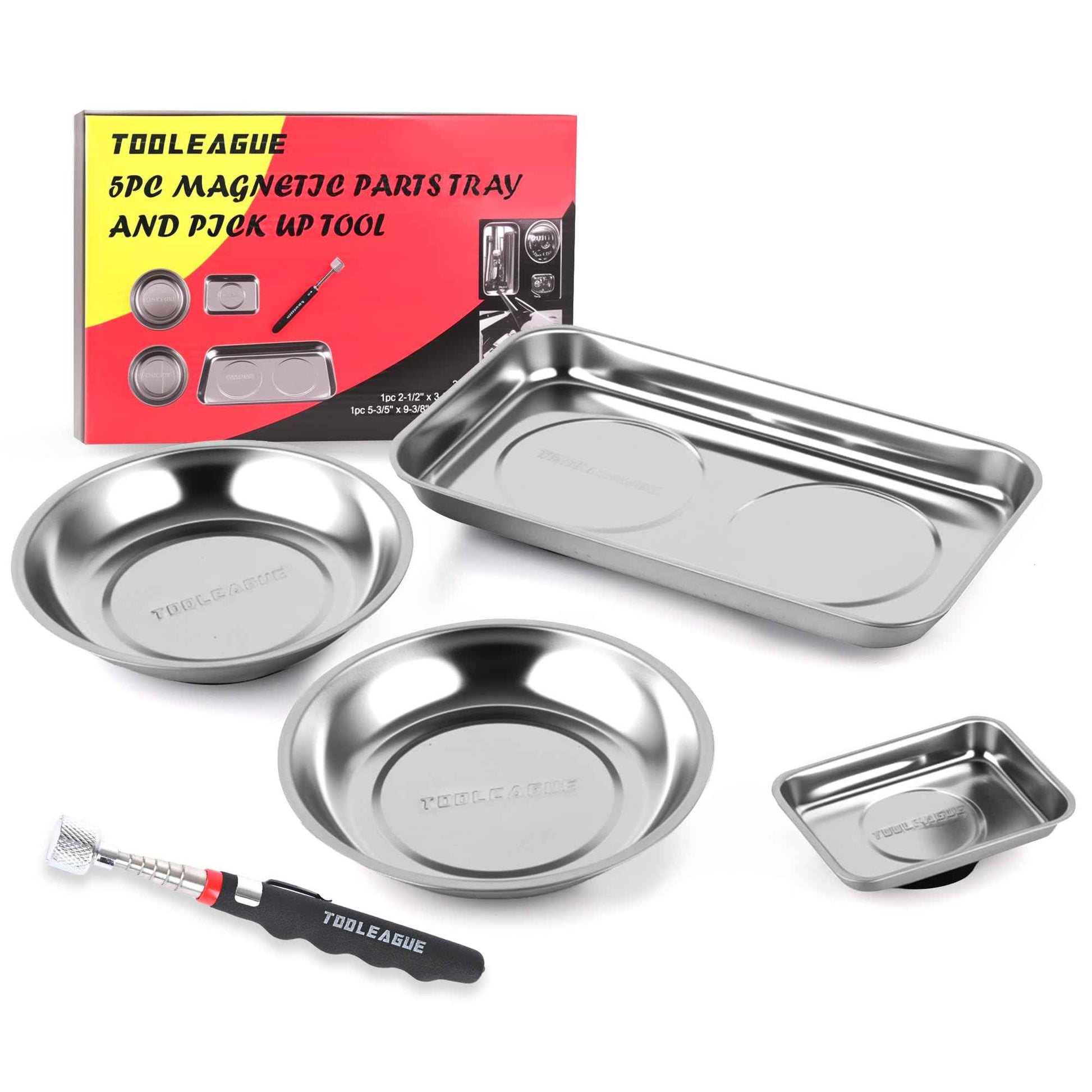 TOOLEAGUE 4Pcs Magnetic Tray Set with 15Lb Magnetic Pickup Pen,Stainless Steel Trays with Extra Strong Magnets for Organizing and Retrieving Metal Parts