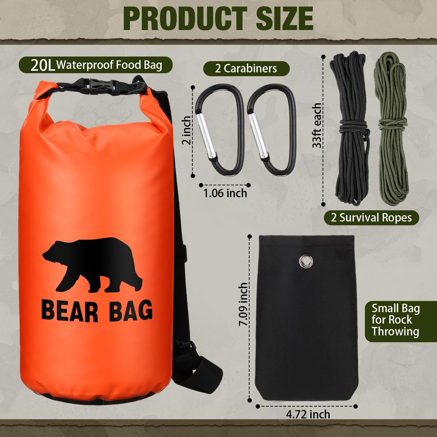 Foilswirl 1 Set Bear Food Bag for Camping Ultralight Food Hanging System Includes Waterproof Bear Bag, Nylon Ropes, Hooks for Camping Backpacking(20 L,Orange)