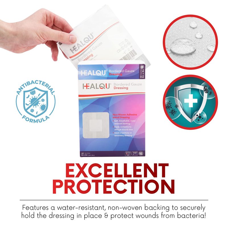 HEALQU Bordered Gauze Island Dressing - Sterile Individually Wrapped Gauze Pads with Water-Resistant, Non-Woven Backing (4"x10" - 2"x7.5" Pad (30 Pack)