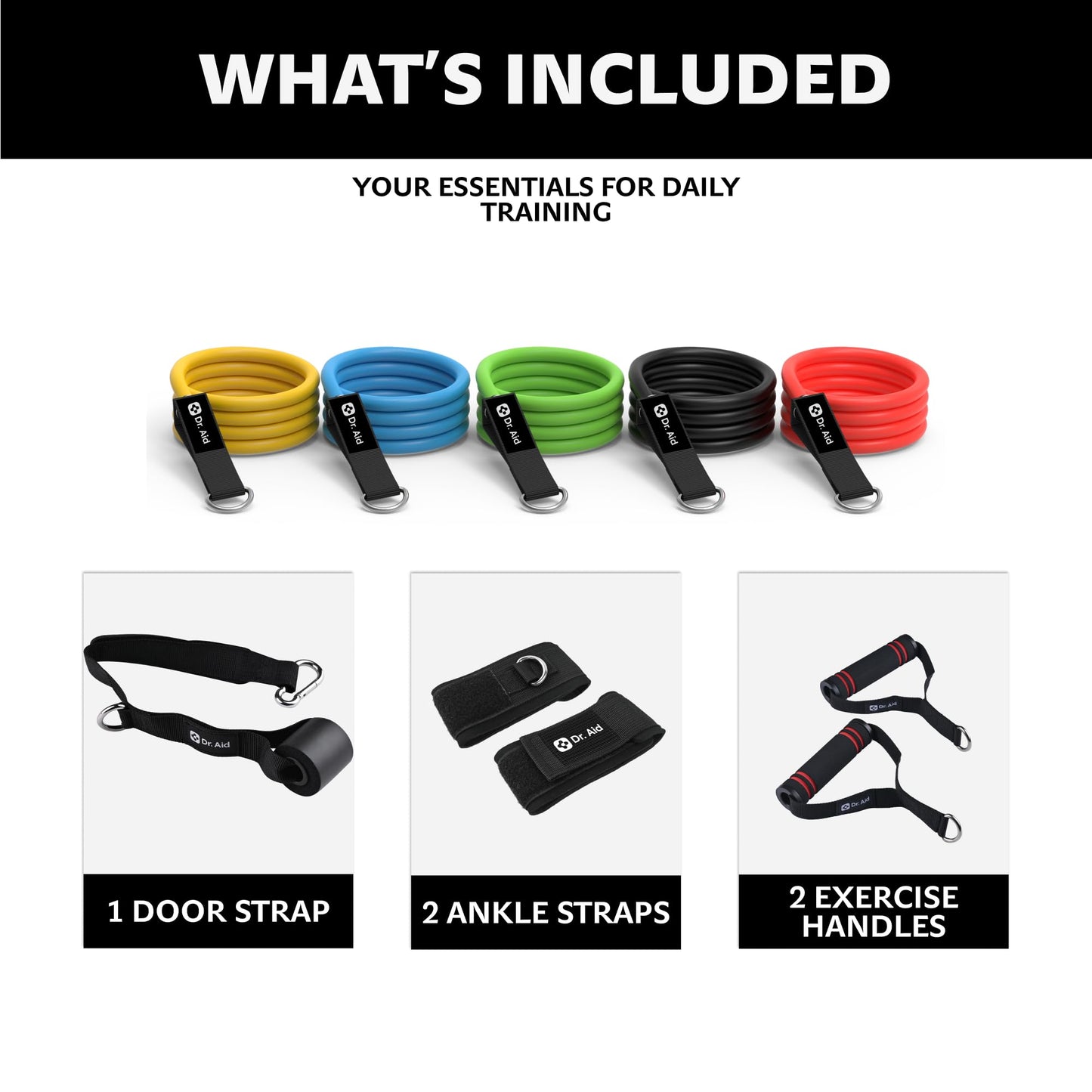 Dr. Aid Resistance Bands with Handles - 5 Reinforced Exercise Bands for Working Out, Fabric Core + Latex, Smell-Free & Tear Resistant - Workout Set for Physical Therapy, Strength Training & Stretch