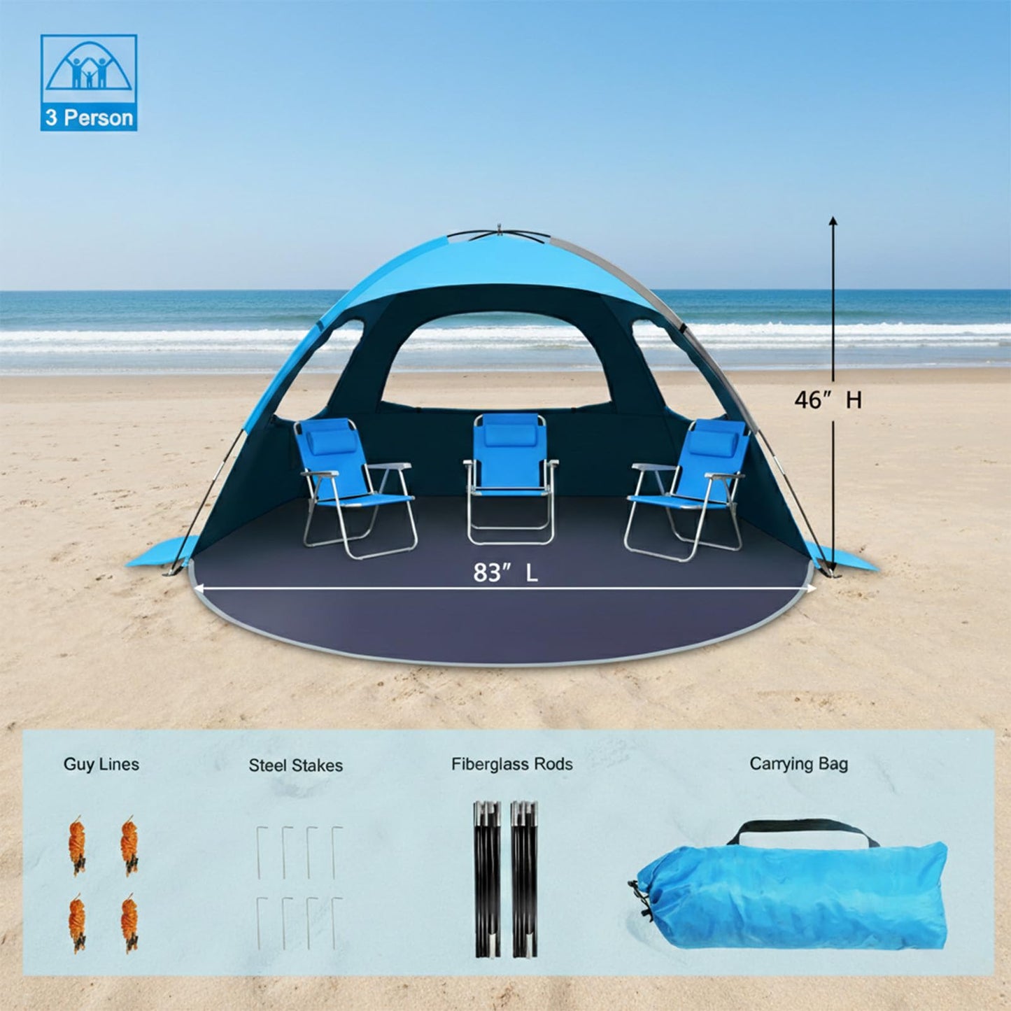 NXONE Beach Tent Sun Shade Shelter for 2-3 Person with UV Protection, Extended Floor, 3 Mesh Roll Up Windows & 8.0mm Fiberglass Rods丨Carry Bag Included (Dark Shelter-Ocean Blue)