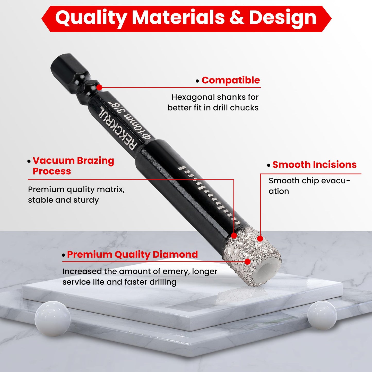 REKCKRUL 5-Pack Diamond Drill Bits Set, 1/4 5/16 3/8 1/2 Inch Diamond Hole Saw – 1/4 Hex Shank Core Drill Bits for Ceramic, Tile, Glass, Granite, Marble, Brick & Stone, 6/8/10/12mm
