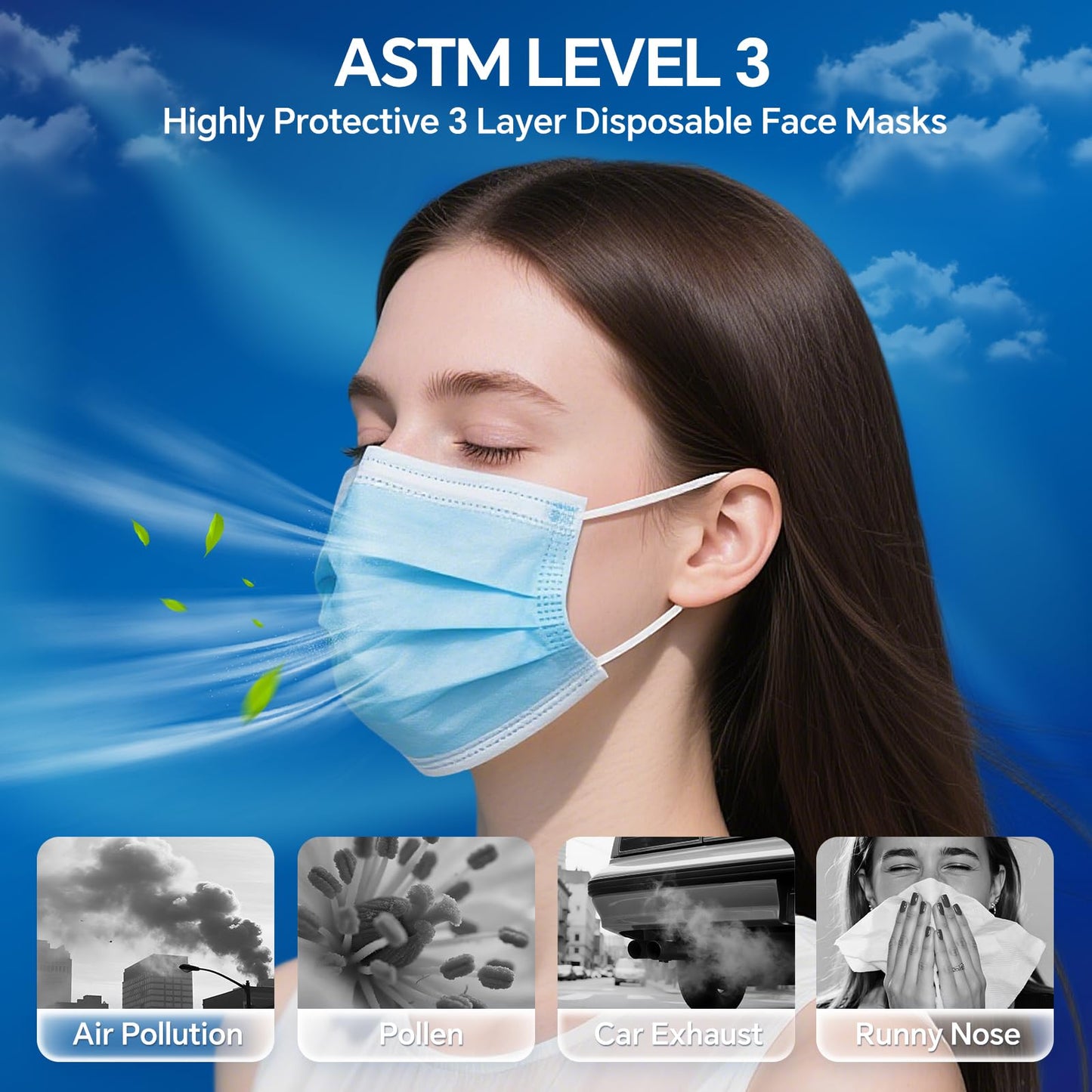 GTT 50PCS ASTM Level 3 Highly Protective 3 Layer Face Mask with Ear Loops - Individual Packaging, Blue