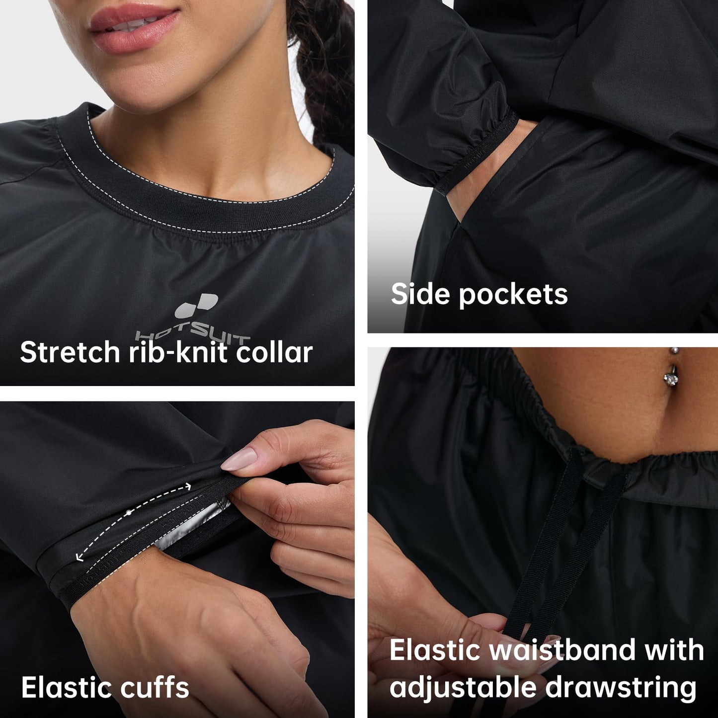 HOTSUIT Sauna Suit Women Durable Gym Workout Sauna Jacket Pants Sweat Suits, Black, L