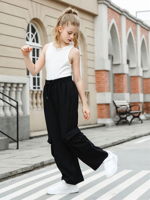 LIFAky Baggy Sweatpants for Girls Wide Straight Leg Pants with Pockets and Decorative Line Drawstring Waist Athletic Joggers for Teen 11-12Y Black