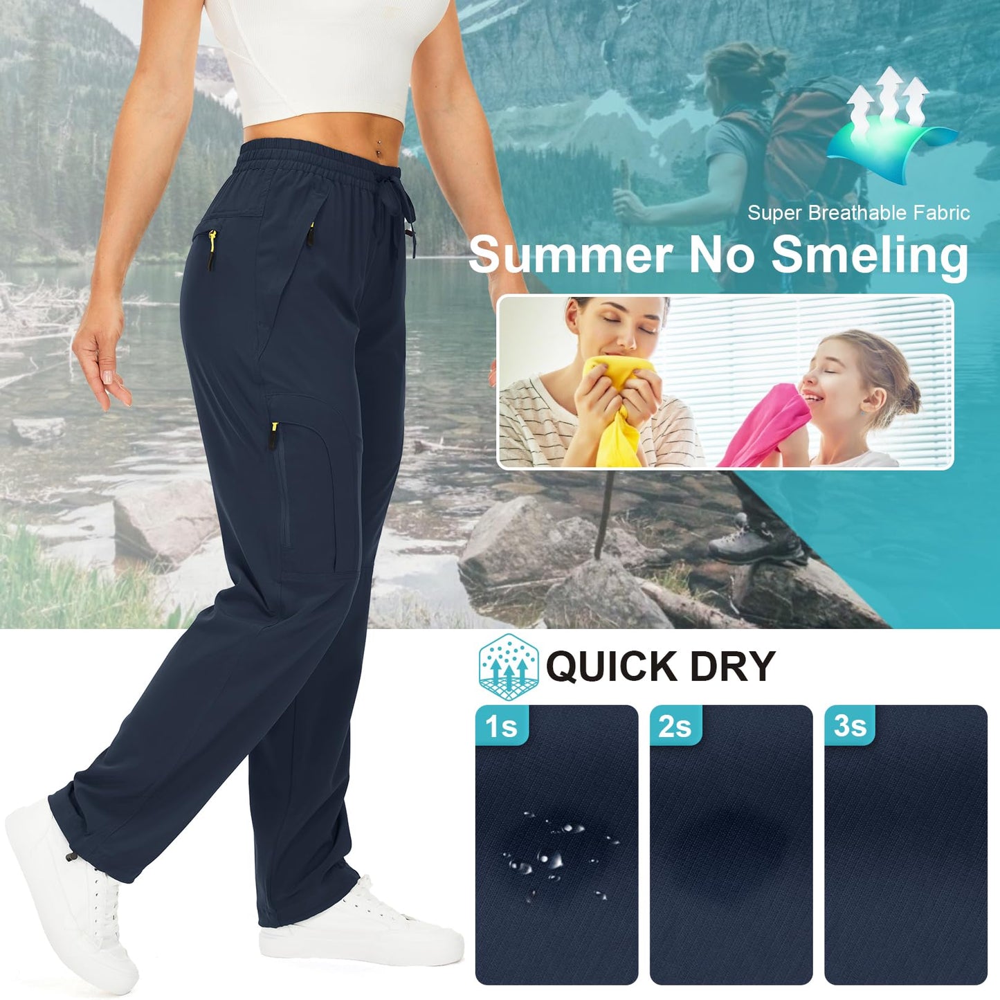 Toomett Women's Hiking Pants Quick Dry UPF 50 Travel Golf Pants Lightweight Camping Work Cargo Pants Zipper Pockets,6608,Blue,2XL