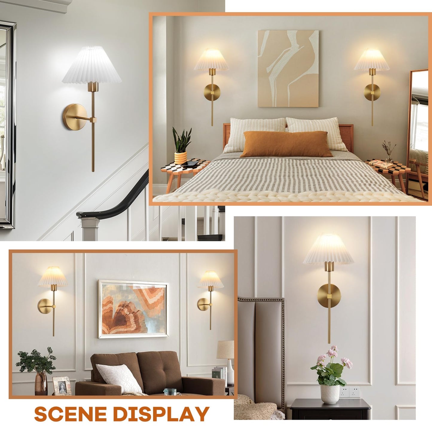 Wireless Wall Sconce Sets of 2, Pleated Shades Rechargeable Battery Operated Wall Sconce, Retro Industrial Gold Wall Lights Bathroom Vanity Sconces, Wall Mounted Lamps for Bedroom Living Room Kitchen