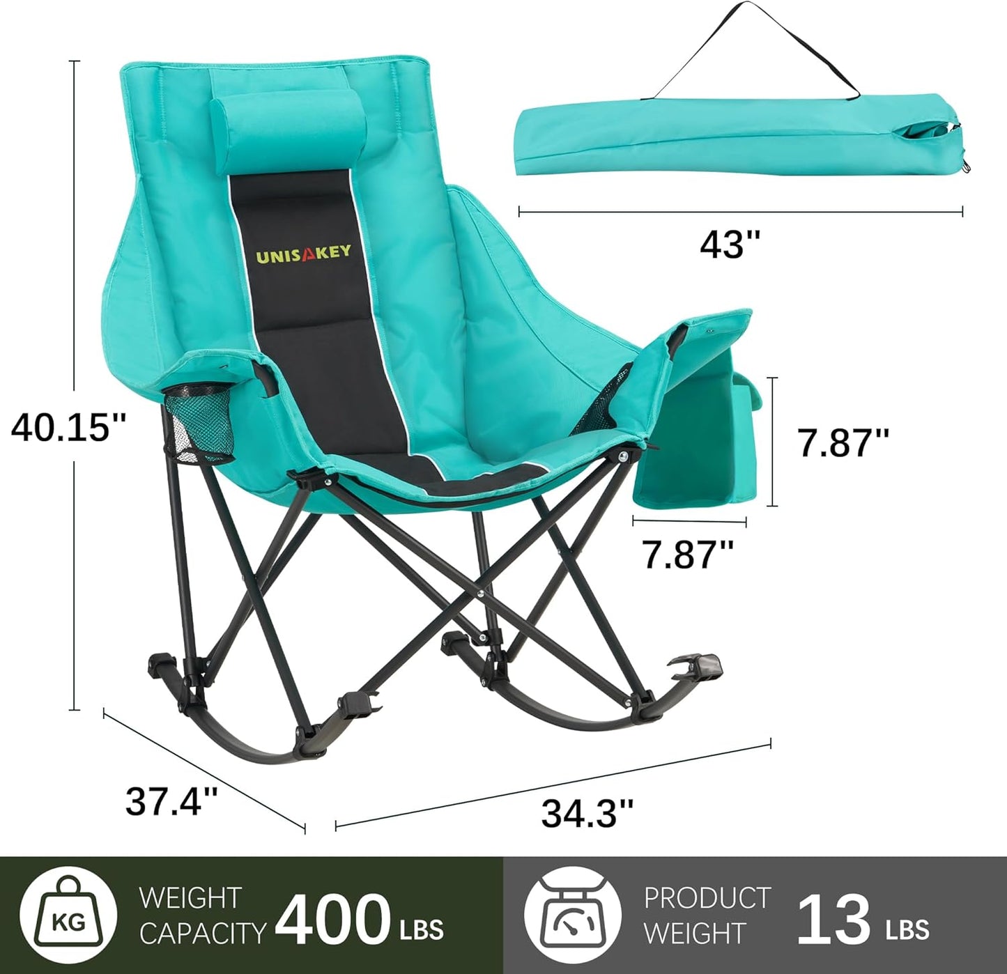Unisakey Oversized Rocking Camping Chair - 400lbs Capacity, Headrest & Cup Holder, Portable Outdoor Rocker in Black/Green