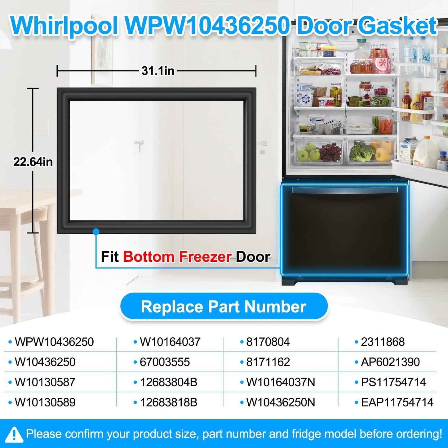 UPGRADED WPW10436250 W10436250 Freezer Door Gasket Compatible with Whirlpool Kenmore Amana KitchenAid Refrigerator Freezer Door Gasket W10130587 W10130589 W10164037 67003555 Freezer Door Seal, Black