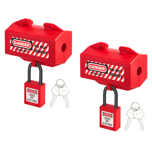 Tagout Lockout Plug Lock Device- 2 Pcs Red Polypropylene Plug Lockout for Electrical Plugs 110 and 220 Volt Power Cord Medium Industrial Grade Power Cord Lockout with 2 Locking Holes OSHA Compliant