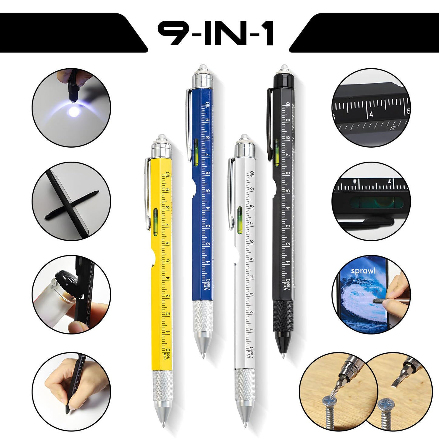 Christmas Gifts Stocking Stuffers for Men,Multitool Pen 9 in 1 Innovative Gift for Men,with LED Light,Ruler, Stylus,Bubble Level,Screwdrivers,Unique Gifts Gadgets for Him,Boyfriend,Husband