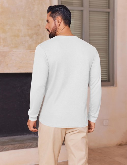 Ekouaer Mens Henley Long Sleeve Shirts Waffle T-Shirt Lightweight Thermal Undershirts White M