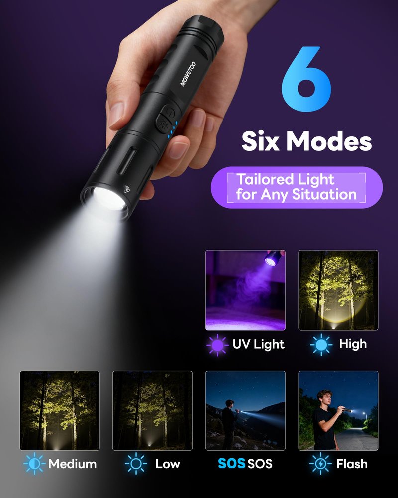 UV Black light Flashlight，Rechargeable 2-in-1 LED White Light Flashlight and BlackLight 395nm, Waterproof, Zoomable, Super Bright LED for Camping, Hiking, Pet Urine Detection, Scorpion Detection