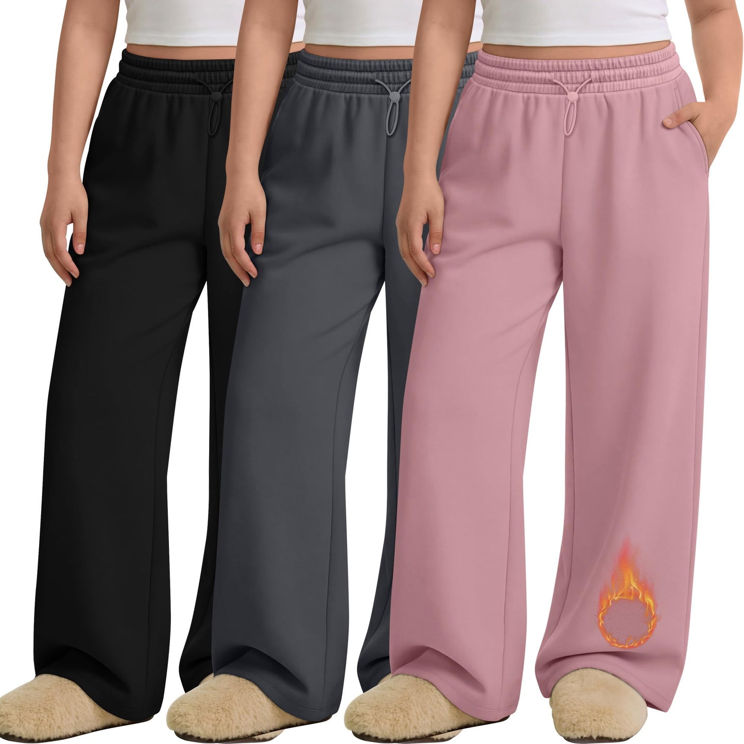 JoyMotion 3 Pack Women's Plus Size Fleece Lined Sweatpants Wide Leg Joggers Shock Cord High Waisted Thermal Pants with Pocket(Black, Dark Gray, Light Pink,3X-Large)