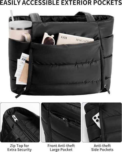 Bagstellar Puffer Tote Bag - Lightweight Quilted Handbag for Women | Ideal for School, Travel & Gym, 15.6" Laptop Compartment