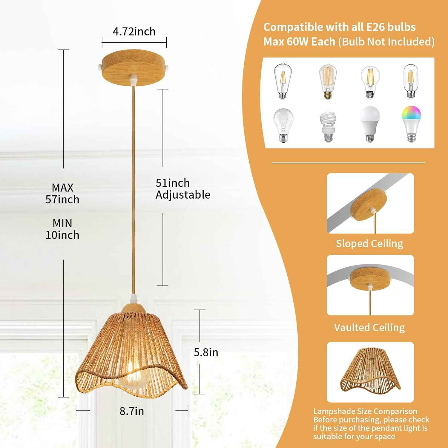 Rattan Chandelier Pendant Lights - 3 Pack Adjustable Height Boho Farmhouse Ceiling Fixtures for Kitchen & Dining Room