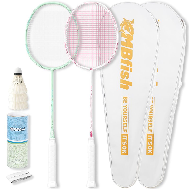 MBFISH Badminton Racket Set with 2 Carbon Fiber Racquets 5U, 3 Shuttlecocks, 2 Replacement Grip Tapes and 2 Carrying Bag - Perfect for Outdoor Games and Gym 5U (Florid+Green)