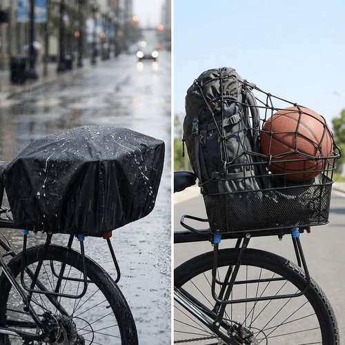 ANZOME Rear Bike Basket for E-Bikes & Bicycles - 20L Large Metal Wire Cargo Crate for Groceries, Backpack & Pets - Universal Dual-Mount (Screw Kits + Heavy-Duty Ties) with Bungee Net & Rain Liner