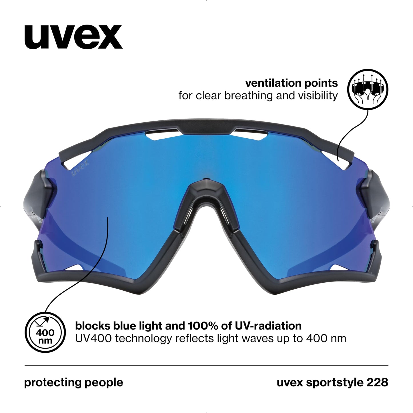uvex sportstyle 228 - sports sunglasses - cycling/running shades - anti-fog & scratch resistant lenses with UV protection - black matte/mirror blue - one size