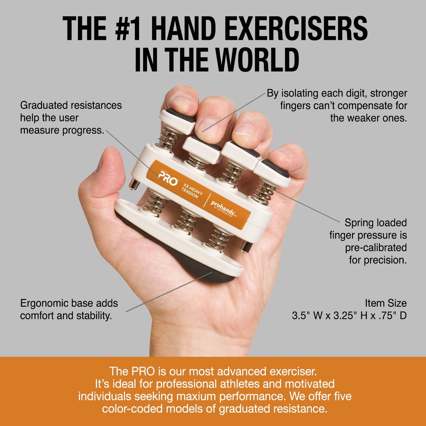 PROHANDS PRO Hand Exerciser, Finger Exerciser (Hand Grip Strengthener), Spring-Loaded, Finger-Piston System, Isolate and Exercise Each Finger, (13 lb XX-Heavy Tension, Orange-Pro)