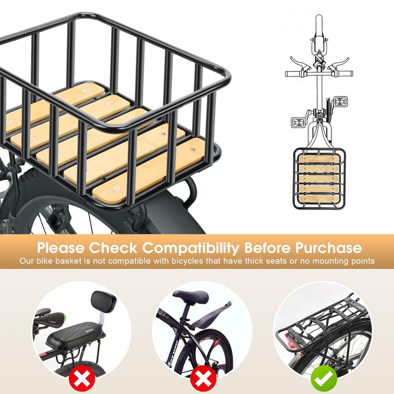 PIREKZUNT Bike Rear Basket with Waterproof Cover, Cargo Net, Wooden Base, 13.8"X11.8"X6.7" Heavy Duty Metal Ebike Rear Basket