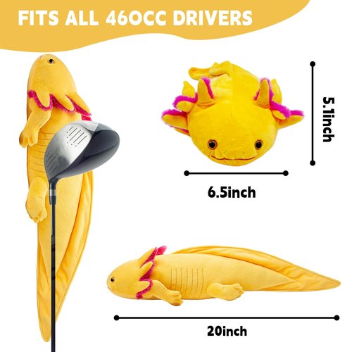 Funny Pink Axolotl Golf Headcover, Small Size Fits Hybird and Irons, Large Size Fits Standard 460cc Driver Head, Colors Animals Plush Golf Club Head Covers for Mens