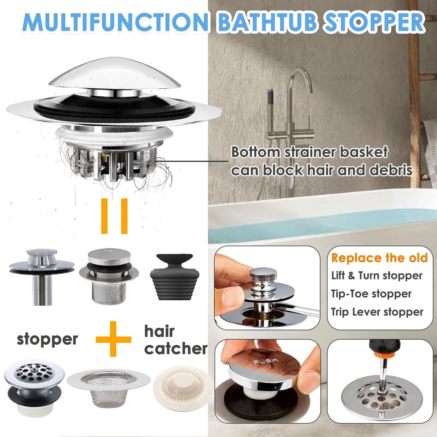 BAOLSLS Bathtub Drain Stopper, Pop Up Tub Drain Hair Catcher, Bath Tub Drain Plug and Cover for 1.45-1.8in Drain Hole, Replaces Lift and Turn, Tip Toe or Trip Lever, Silver