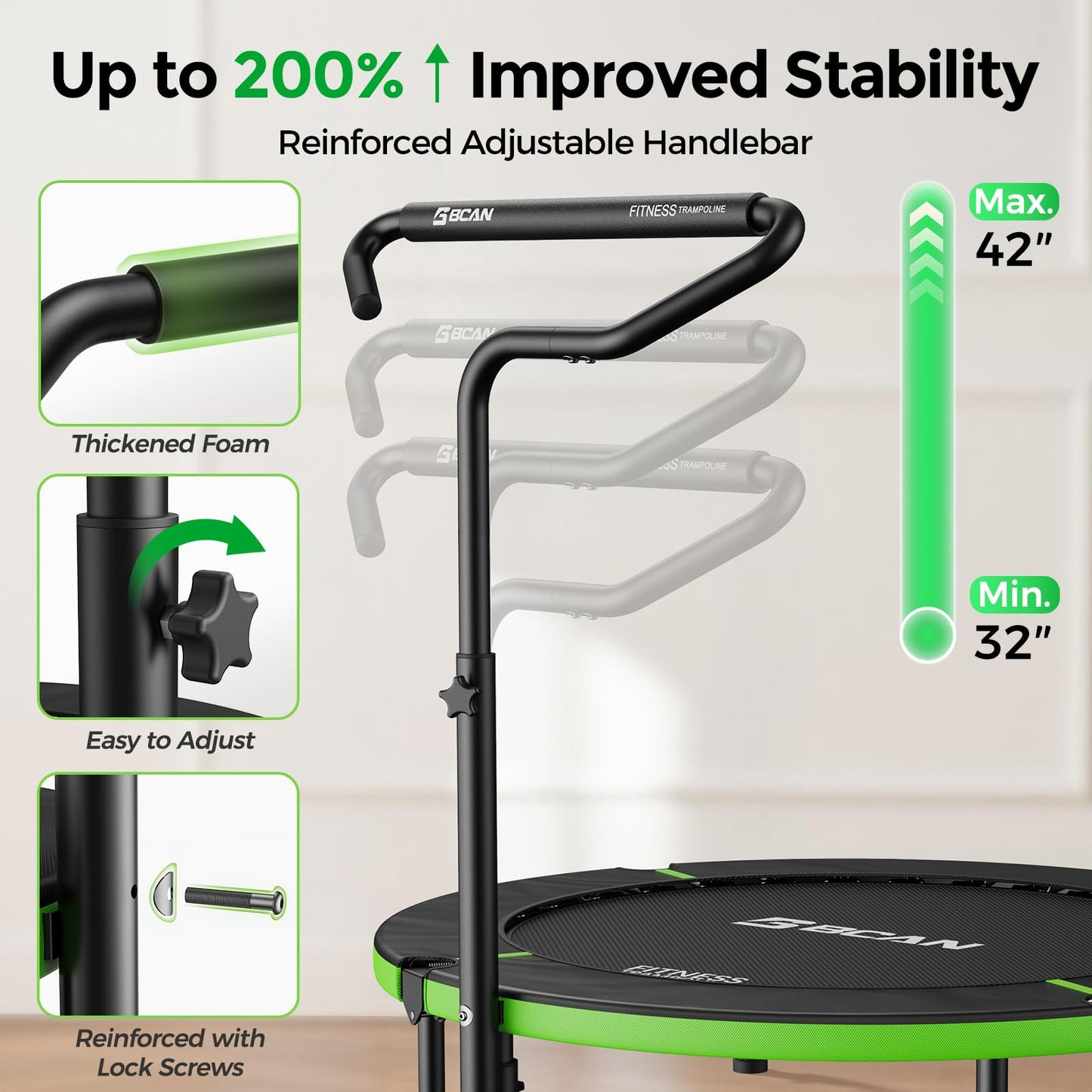 BCAN SP3 40"/48" Foldable Mini Trampoline, Rebounder Trampoline for Adults, U/T Adjustable Foam Handle, Exercise Rebounder for Adults Indoor/Garden Workout, Max Load 330lbs/440lbs-40T-Green